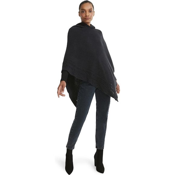 STEVE MADDEN Open Knit Hooded Poncho Black NWT - Picture 2 of 4